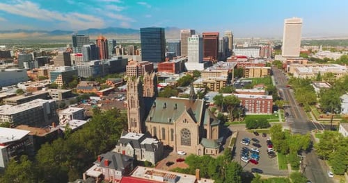 Historic building of a Cathedral of Madeleine locating among the modern architecture.