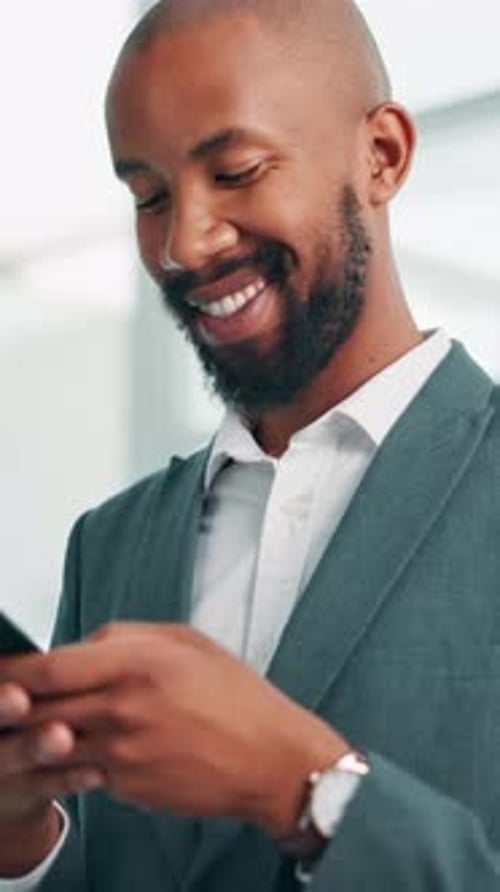African businessman, phone and happy at office with contact, review and check notification