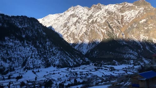 Morning Sunrise in the Manang Valley. Shot from Upper Pisang. Wide Shot.