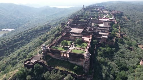 Aerial Drone shot of Jaigadh fort a historical place overlooking amer fort in jaipur rajasthan