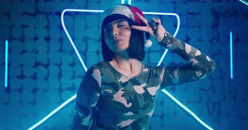 Cyberpunk Lady Poses Holding Index and Middle Fingers Upward