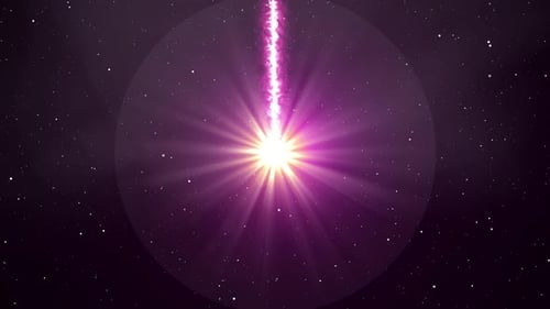 Optical Flare And Blinking Stars Are Moving On The Dark Space. Bright Lens Flare With Neon Rays Movi