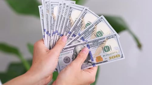 Excited Woman Showing Cash Money 1000 American Dollars Banknotes Hands with Money Close Up Income