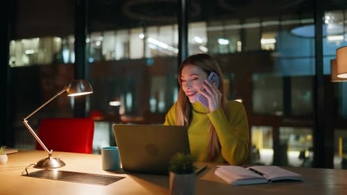 Businesswoman Talking Cellphone Dark Office Closeup Smiling Woman Calling Phone