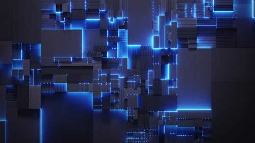 Fondo de bloques cúbicos de formas geométricas abstractas con retroiluminación de neón azul. Renderizado 3D en bucle sin interrupciones