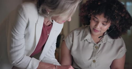 Training, teamwork and call center with business people in office for consulting