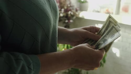Hands Counting Money Indoors Near Window