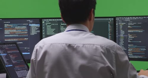 Developer Working With Tablet While Write Code With Multiple Computer Screens In Green Screen