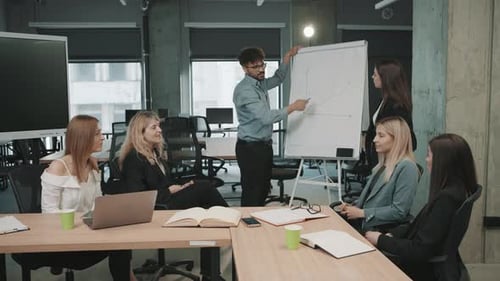 Business team collaborates in slow motion while reviewing important documents in a modern office