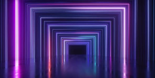 Empty stage illuminated with neon lines and laser beams