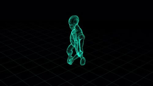 Neon Wireframe Android caminando sobre una red digital