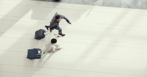 Airport top view, business people travel and running late for flight boarding