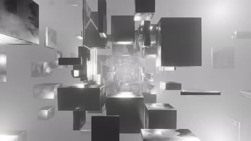 Sci-fi tunnel in a foggy space with rotating geometry shrinks and expands 3d render. Industrial