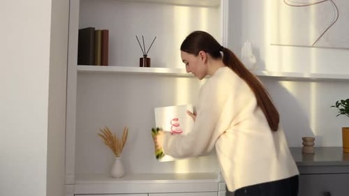 Woman wiping dust from shelf and frame at home