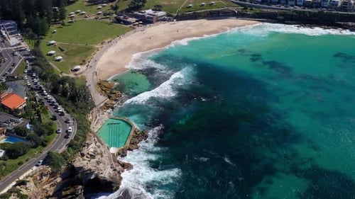 Rock Pool At Bronte Park In Bronte Beach, Sydney, New South Wales, Australia. - Aerial Drone Shot