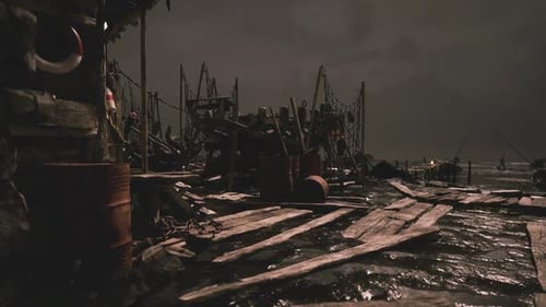 Dark Night at a Deserted Fishing Port with Scattered Debris and Still Water