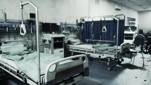 Abandoned Hospital Beds in a Dilapidated Medical Facility at Dusk