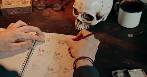 Sketching Skulls in a Notebook on a Table