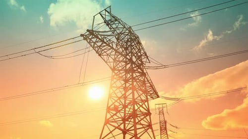 Time Lapse Multicolored Vivid Power Grid with Electricity Pylons and Power Station