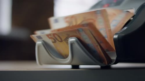 Modern Electronic Counter Calculating Euro Bills Denomination Of Fifty Close Up. Automatic Calcul...