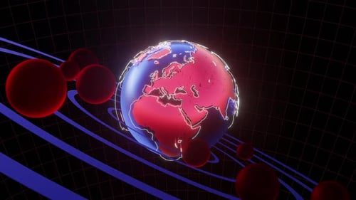 Futuristic Digital Earth Globe with Orbiting Red Spheres