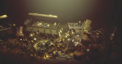 Trésors et reliques exposés dans un environnement caverneux sombre