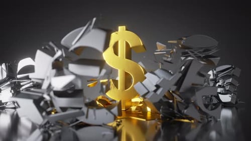 Abstract financial background, gold dollar symbol falls down, broken obstacles fly apart