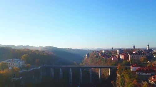 Drone panoramic top view under the bridge