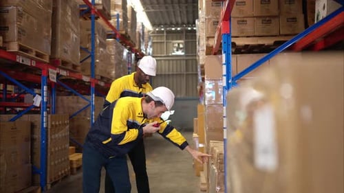 Two warehouse workers are reviewing the list of items based on the documentation