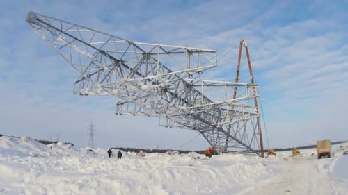 Workers Install High Voltage Line Support Pulling By Mechanisms