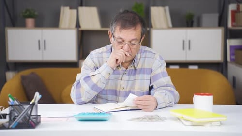 Mature Man Counting Money and Writing in Notebook