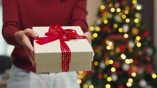 Close-up Asia girlfriend hand holding surprise gift box wrapped with white cream paper red ribbon.
