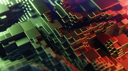 Cubes métalliques dynamiques évoluant avec des effets lumineux éclatants