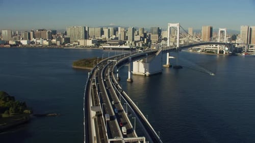 Tokyo, Japan Circa-2018. Aerial Shot Of Rainbow Bridge In Tokyo, Japan. Shot From Helicopter With...