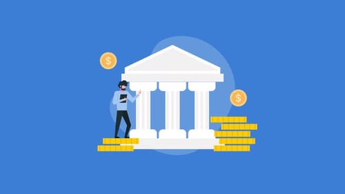 Saving money animation with person standing in front of a bank holding coins.