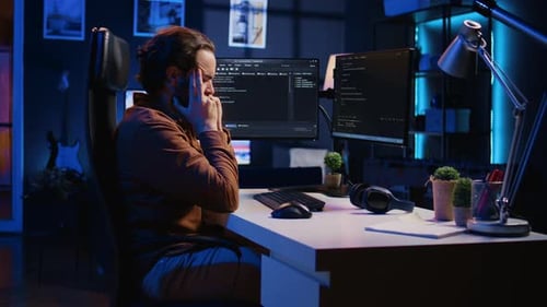Genervter IT-Administrator reibt frustriert die Tempel, nachdem er Fehler nicht behoben hat