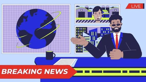 Flat Design News Broadcast Animation with Anchor and Breaking News