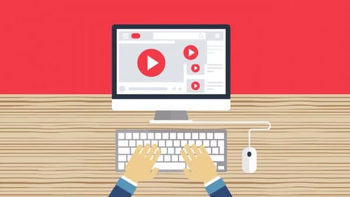 Flat Design User Interacting with Online Video Player on Computer