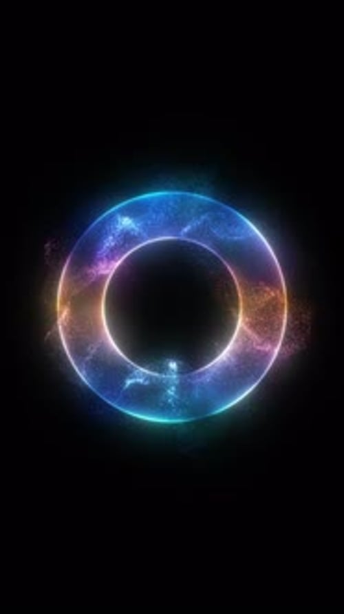 Abstrakter Schleifenförmiger, leuchtender bunter Torus mit schwärmenden Partikeln