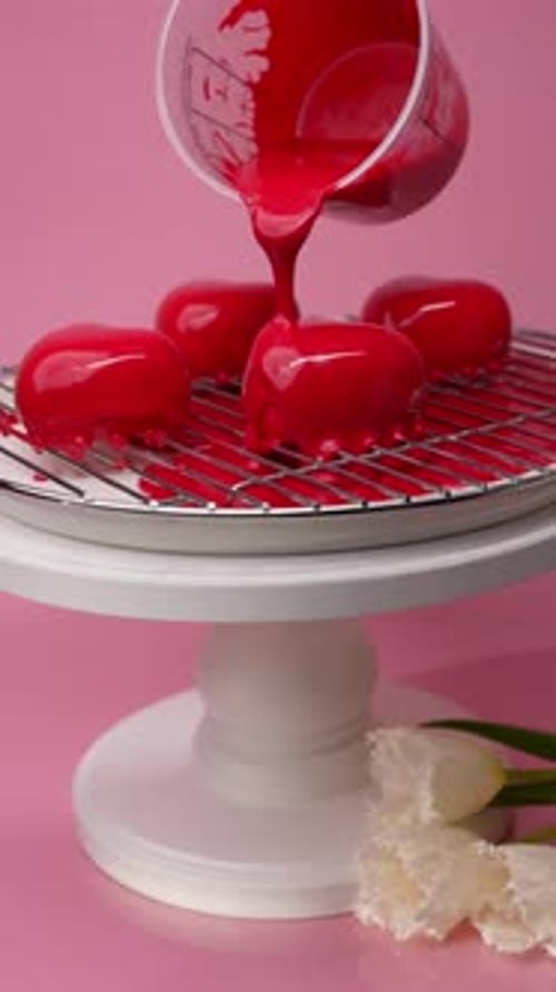 Red Glaze Being Poured on Heart Shaped Cakes