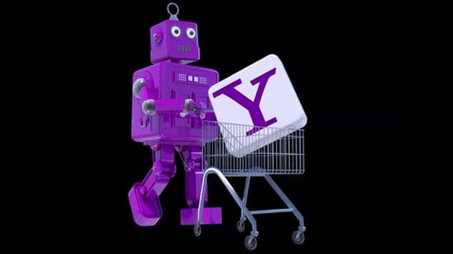 Purple Robot Pushing Shopping Cart with Product Block Animation