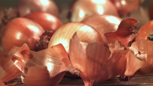 Fresh Onions with Flying Shells Filmed on a Highspeed Camera at 1000 Fps