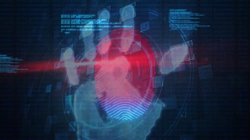 Human hand scanning over fingerprint biometric scanner against data processing on blue background