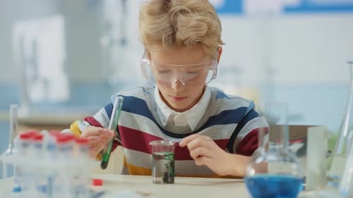 Elementary School Science Classroom: Smart Little Boy wearing Safety Glasses Mixes Chemicals in Bea