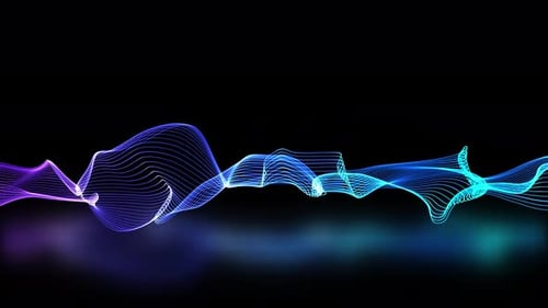 Loop Animation Of Digital Particle Motion Wave. Glowing Rainbow Color Particle Motion Wave High Tech