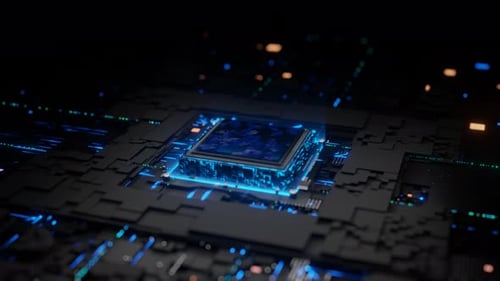 Futuristic Computing: Close-Up of a Microprocessor with Energy Pulse