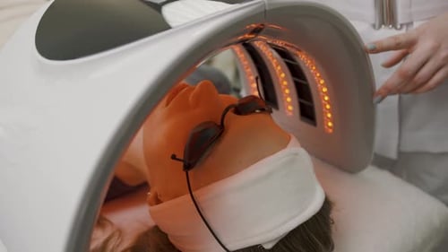 Girl receives permanent makeup treatment in innovative cosmetology session at a beauty clinic