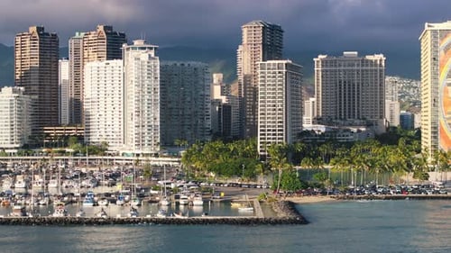 Cinematic Aerial Waikiki Beach Hawaii Summer Day with Copy Space Modern City