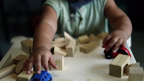 Young Child Playing with Wooden Blocks and Toy Cars