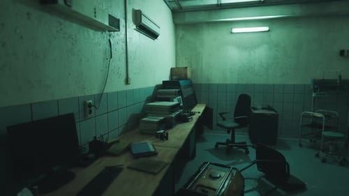 A Dimly Lit Office Space with Cluttered Desks and a Cold Atmosphere